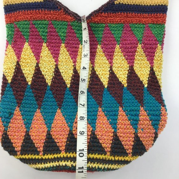 Crossbody woven harlequin Purse hand bag large multicolored zippered top bucket - Picture 8 of 9